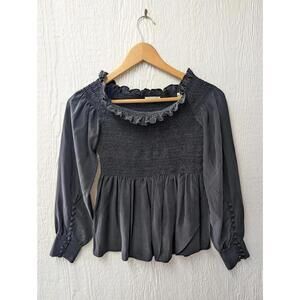 ALC 100% Silk Black Phoenix Off Shoulder Top Smocked Button Trim Size 4